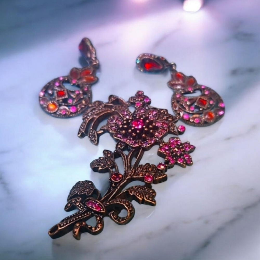 Vintage Brooch & Matching Pierced Earrings Purple Pink Red Stone THELMA Deutsch